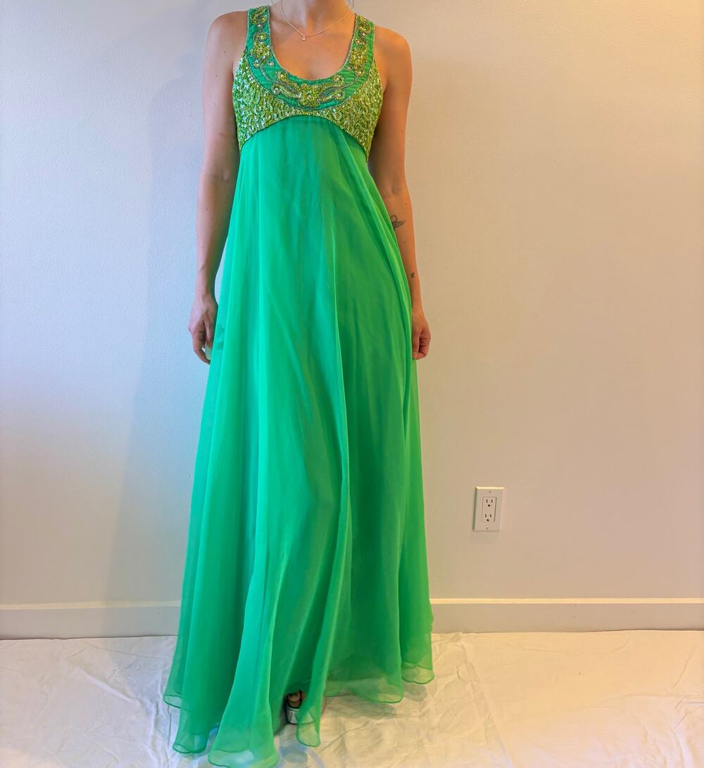 vintage empire waist kelly green sequin gown